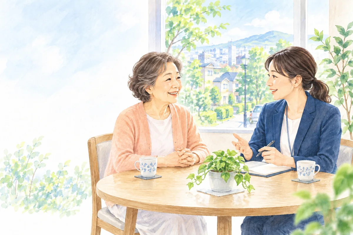 明るい窓辺で、相談員と穏やかに話をする女性のイラスト